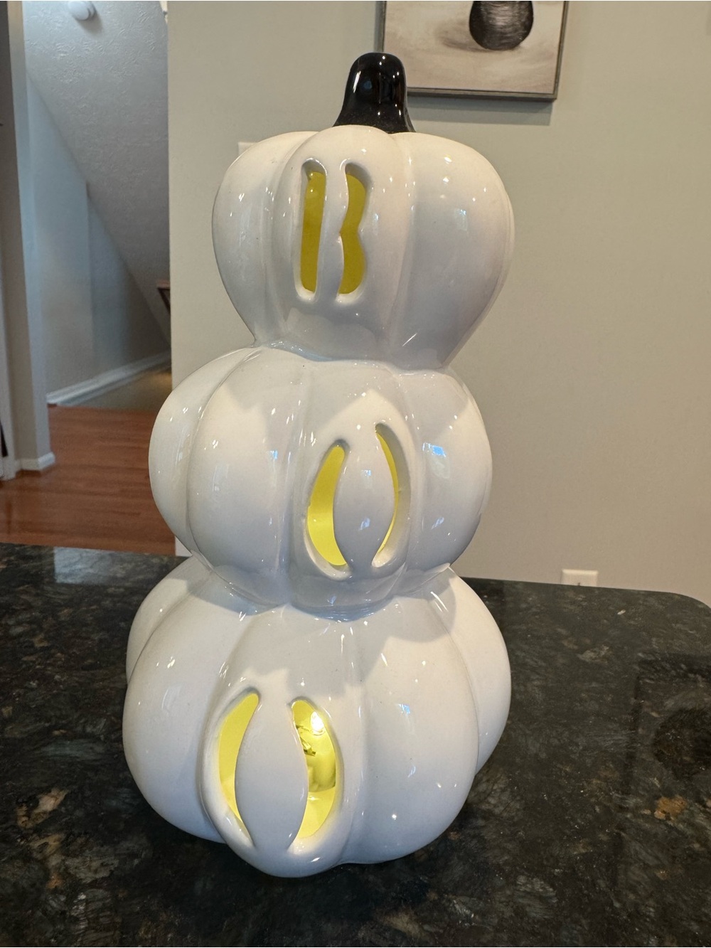 LED Lighted White Ceramic Stacked Pumpkins with Cut-Out BOO Halloween Decor NEW